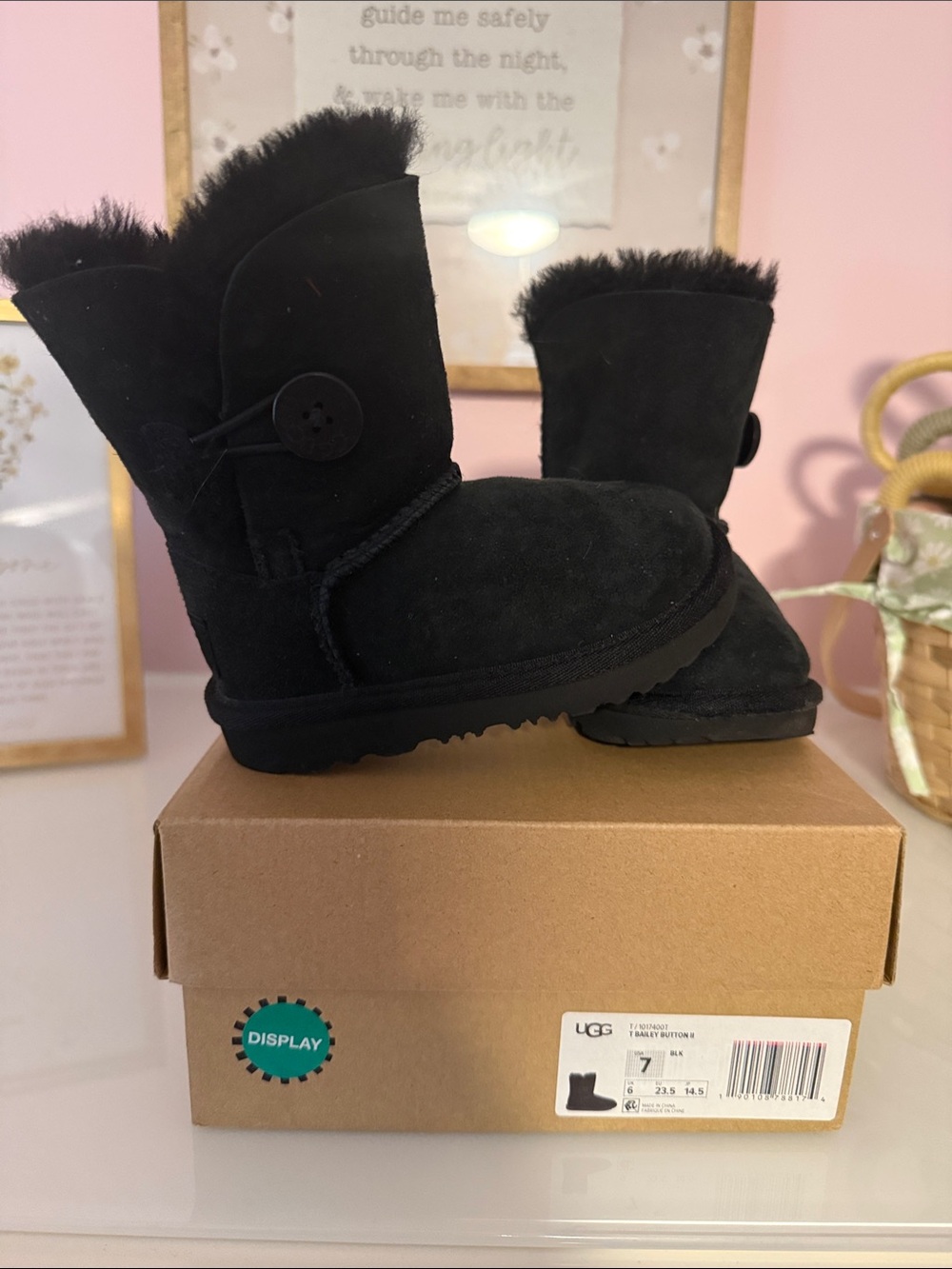 UGG Toddler Black Classic Short Button Shearling Boots